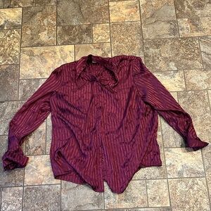 Kathie Lee Collection Wine-Red Striped Satin Button-Up Blouse